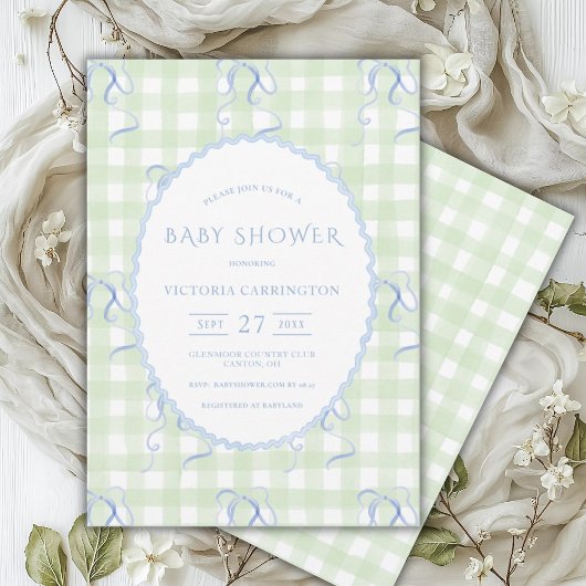 Green Gingham Blue Bows Baby shower Kaart