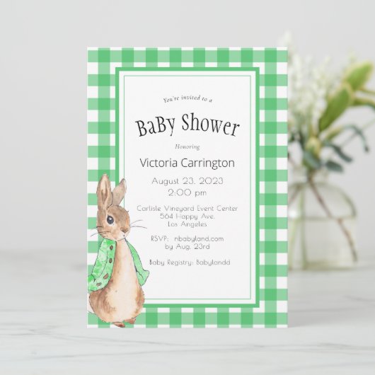 Green Gingham Bunny Rabbit Baby shower Kaart (Staand voorkant)