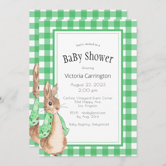 Green Gingham Bunny Rabbit Baby shower Kaart (Voorkant / Achterkant)