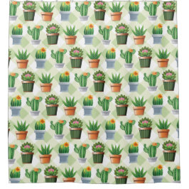 Green Gingham Cactus Pattern Douchegordijn