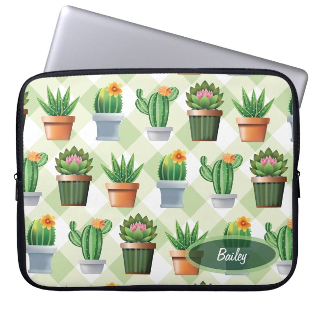 Green Gingham Cactus Pattern Laptop Sleeve (Voorkant)