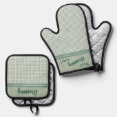 Green Gingham Check en Stripes gepersonaliseerd Ovenwant & Pannenlap Set (Voorkant / Achterkant)