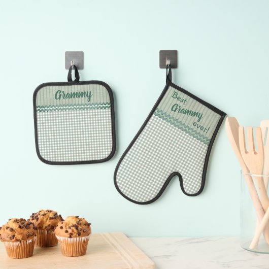 Green Gingham Check en Stripes gepersonaliseerd Ovenwant & Pannenlap Set (Insitu(Ophanging))