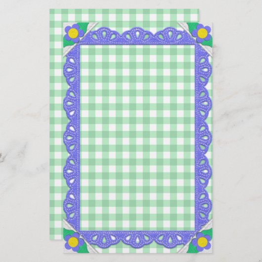 Green Gingham Check Periwinkle Felt Lijst Briefpapier (Voorkant / Achterkant)