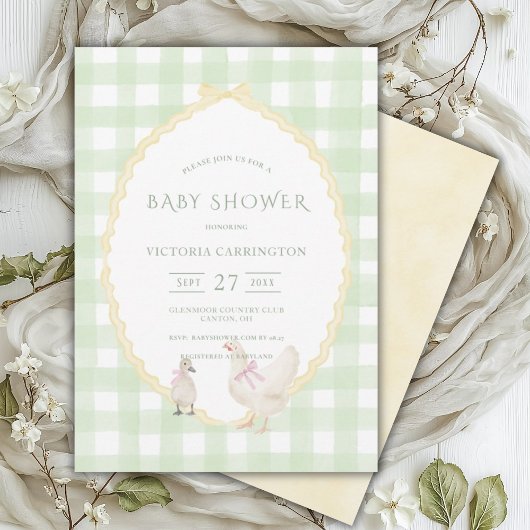 Green Gingham Ducks Baby shower Kaart