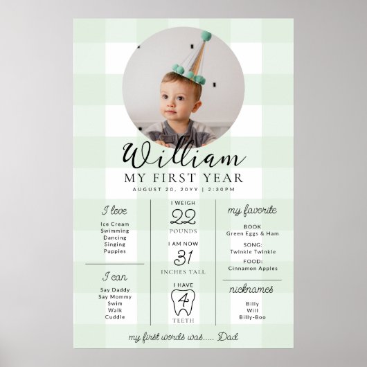 Green Gingham eerste verjaardag mijlpaal tijdlijn Poster (Voorkant)