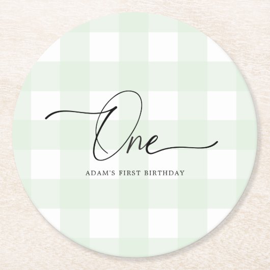 Green Gingham First Birthday Drink Onderzetter (Voorkant)