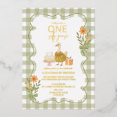 Green Gingham Gekke Goose 1st Birthday Folie Uitnodiging (Voorkant)
