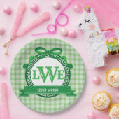 Green Gingham Griekse sleutelboog volledig monogra Papieren Bordje (Feest)