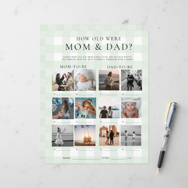 Green Gingham Hoe oud waren mam en pap foto spel (Voorkant / Achterkant in situ)