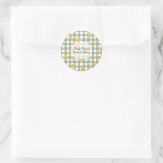 Green Gingham Lemon Picnic Plaid Douche Uitnodigin Ronde Sticker