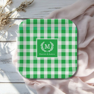 Green Gingham Monogram Crest Custom Papieren Bordje