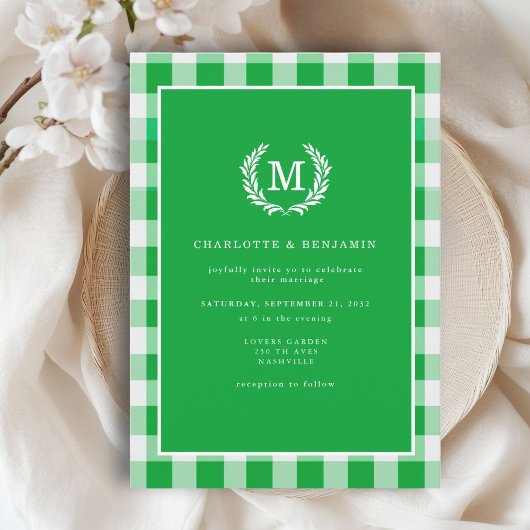 Green Gingham Monogram Crest Kaart
