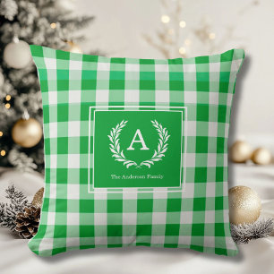 Green Gingham Monogram Crest Kussen