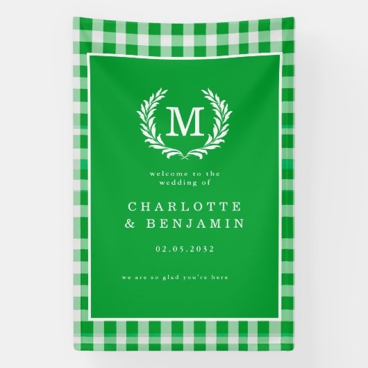 Green Gingham Monogram Crest Wedding Welkom Spandoek (Verticaal)