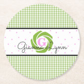Green Gingham Monogram Ronde Kartonnen Onderzetter (Voorkant)