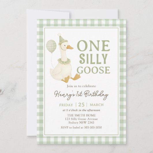 Green Gingham One Silly Goose Birthday Invitation (Devant)