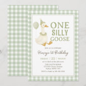Green Gingham One Silly Goose Birthday Invitation (Devant / Derrière)