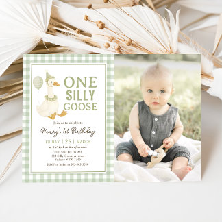 Green Gingham One Silly Goose Birthday Photo Kaart