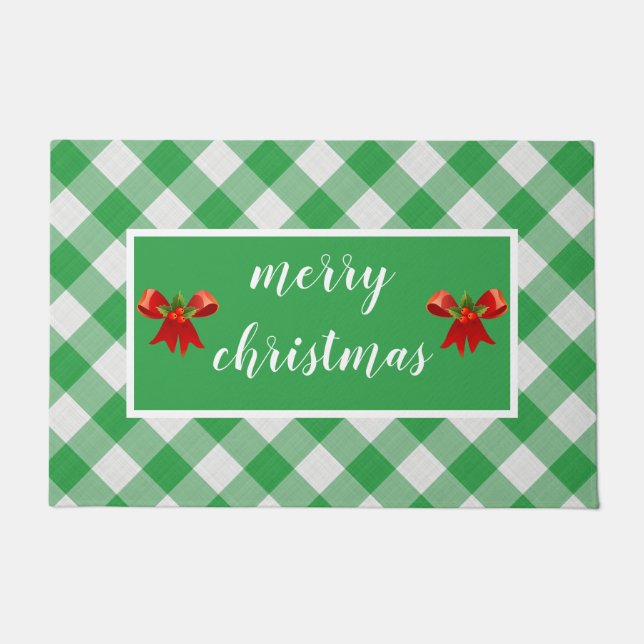 Green Gingham Pattern Merry kerst Custom Deurmat (Voorkant)