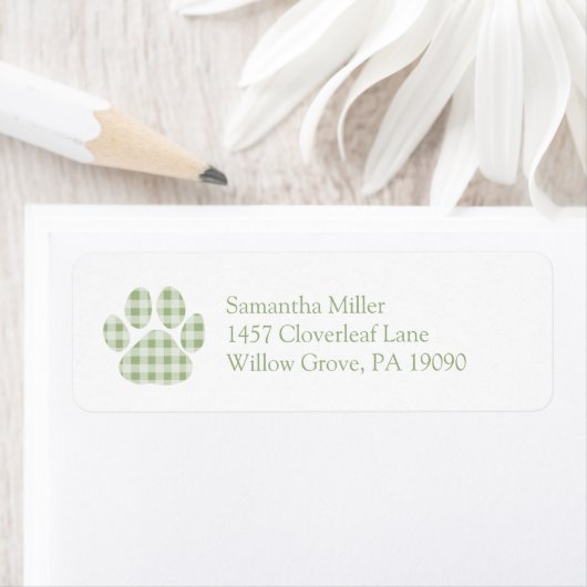 Green Gingham Paw Print Retouradres Label (Insitu)