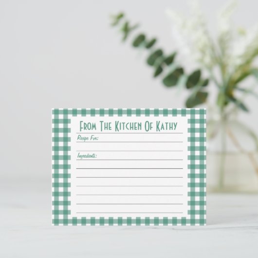 Green Gingham Recipe Card Briefkaart (Staand voorkant)