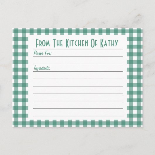 Green Gingham Recipe Card Briefkaart (Voorkant)