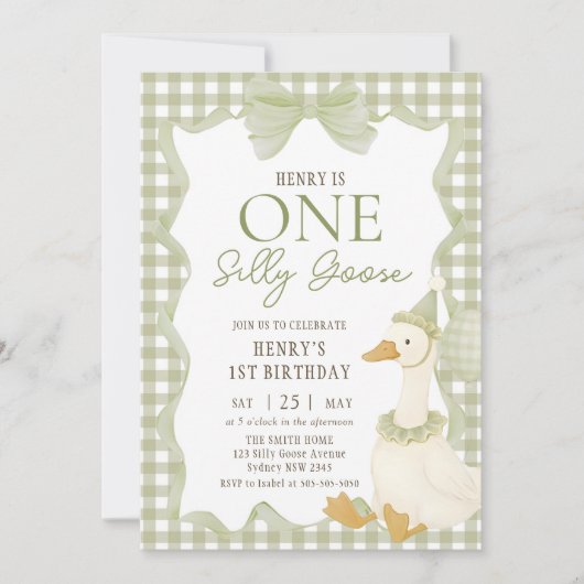 Green Gingham Silly Goose 1st Birthday Invitation (Devant)