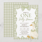 Green Gingham Silly Goose 1st Birthday Invitation (Devant / Derrière)