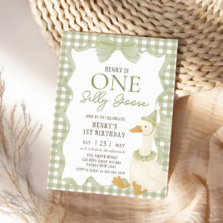 Green Gingham Silly Goose 1st Birthday Invitation Kaart
