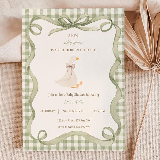 Green Gingham Silly Goose Baby Shower Invitation