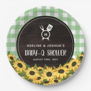 Green Gingham & Sunflower Rustic Baby-Q Shower Papieren Bordje