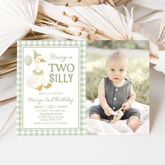 Green Gingham Two Silly Goose Birthday Invitation