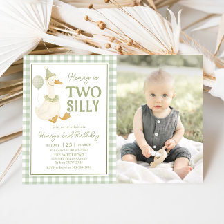 Green Gingham Two Silly Goose Birthday Invitation Kaart