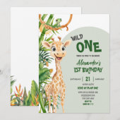 Green Giraffe Wild One Safari First Birthday Kaart (Voorkant / Achterkant)