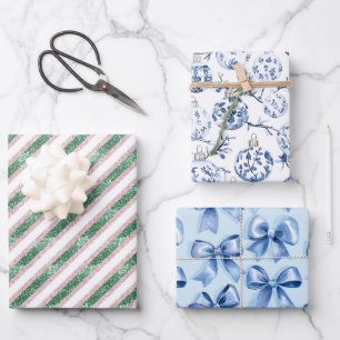 Green Glitter Blue Ornamenten Bows Christmas Inpakpapier Vel
