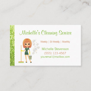 Green Glitter Cartoon Maid House Cleaning Service Visitekaartje