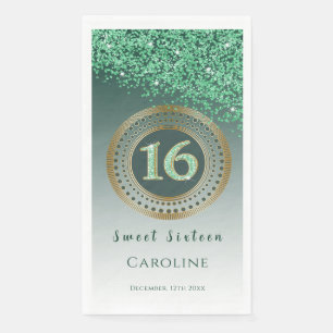 Green Glitter & Gold Sweet 16 Monogrammed Servet