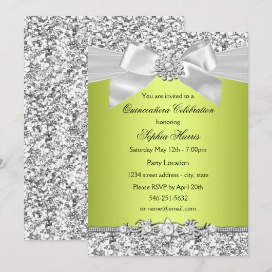 Green Glitter Jewel Bow Quinceanera Kaart (Voorkant / Achterkant)