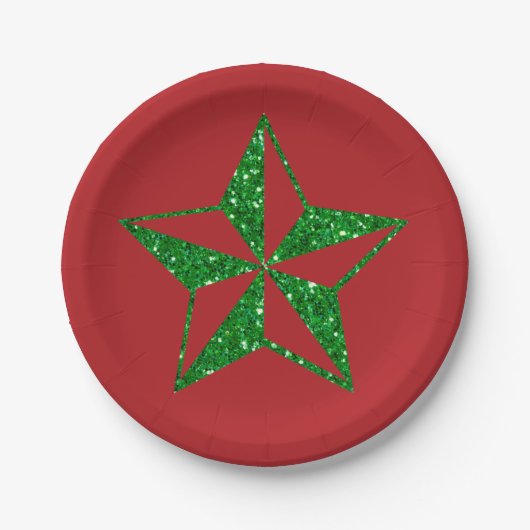 Green Glitter Kerstster Papieren Bordje (Voorkant)