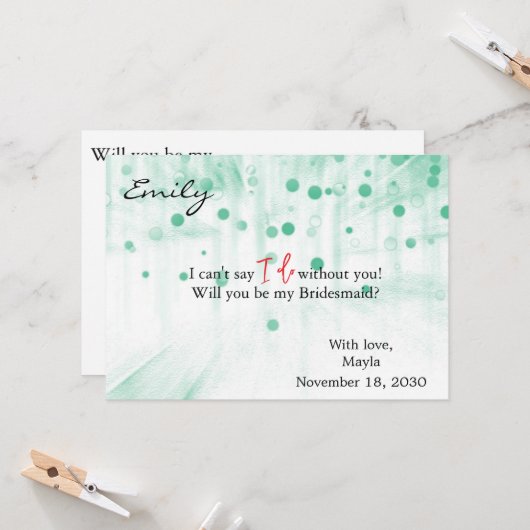 Green Glitter Minimal Script Bruidsmeisje Voorstel Kaart (Voorkant / Achterkant in situ)
