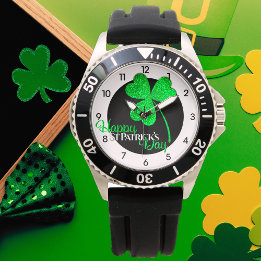 Green Glitter Shamrock Uniek St Patrick's Day Horloge