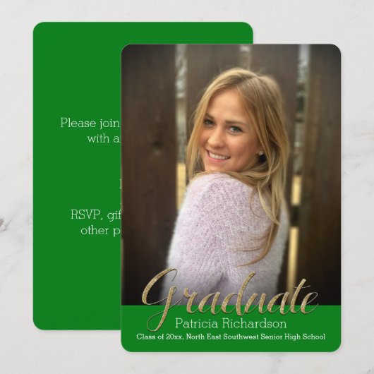 Green Glitz superposition photo Faire-part de grad (Devant / Derrière)