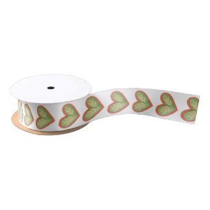 Green Gnome Heart Village on White Satin Ribbon Lint
