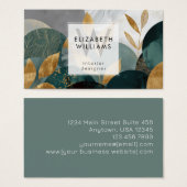 Green Gold Abstract Leaves Monogram Business Cards (Devant & derrière)
