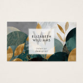 Green Gold Abstract Leaves Monogram Business Cards (Devant)