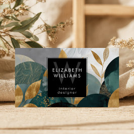 Green Gold Abstract Leaves Monogram Business Cards Visitekaartje