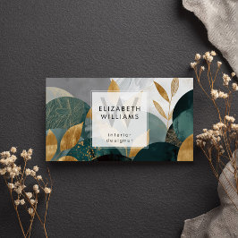 Green Gold Abstract Leaves Monogram Business Cards Visitekaartje