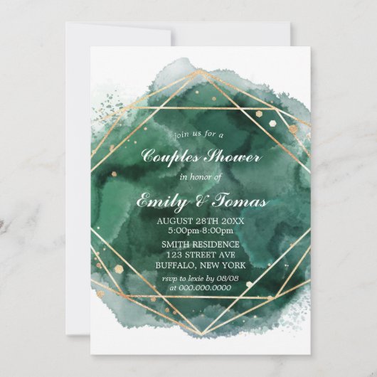 Green Gold Aquarelle Couples Douche Invitation (Devant)