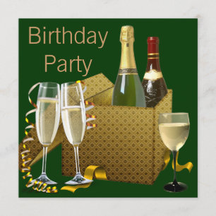 Green Gold Champagne Wine Glasses Birthday Party Kaart
